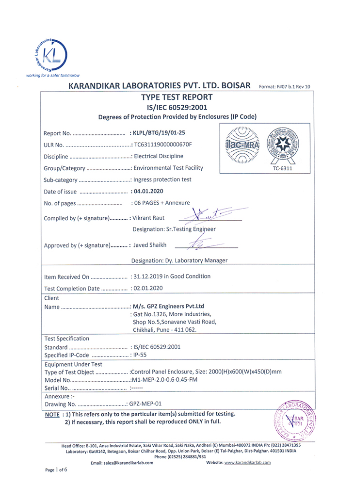 MEP-IP 55 Certficate